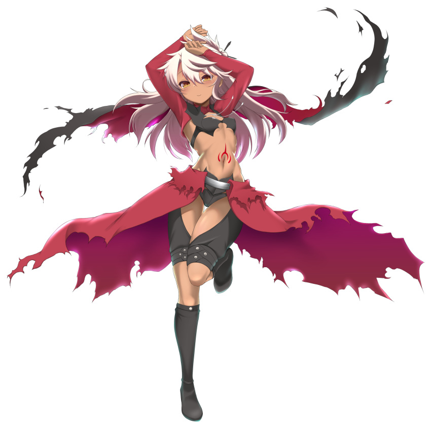 1girl absurdres arms_up bangs black_footwear blush boots breastplate breasts bridal_gauntlets cape capelet chloe_von_einzbern closed_mouth coyomin dark_skin fate/kaleid_liner_prisma_illya fate_(series) full_body hair_bun hair_ornament hairpin half_updo highres knee_boots long_hair long_sleeves looking_at_viewer navel orange_eyes pink_hair red_cape shrug_(clothing) simple_background small_breasts smile solo stomach_tattoo tattoo waist_cape white_background