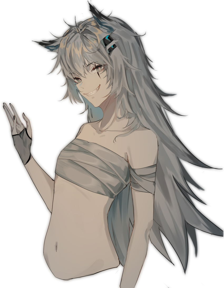 1girl absurdres animal_ears arknights bandaged_arm bandages bangs bare_arms bare_shoulders black_nails chouchouhei collarbone cropped_torso eyebrows_visible_through_hair fingerless_gloves gloves grey_eyes grey_gloves grin hair_between_eyes hair_ornament hairclip hand_up head_tilt highres lappland_(arknights) long_hair looking_at_viewer midriff nail_polish navel sarashi scar scar_across_eye silver_hair simple_background smile solo stomach upper_body very_long_hair white_background wolf_ears