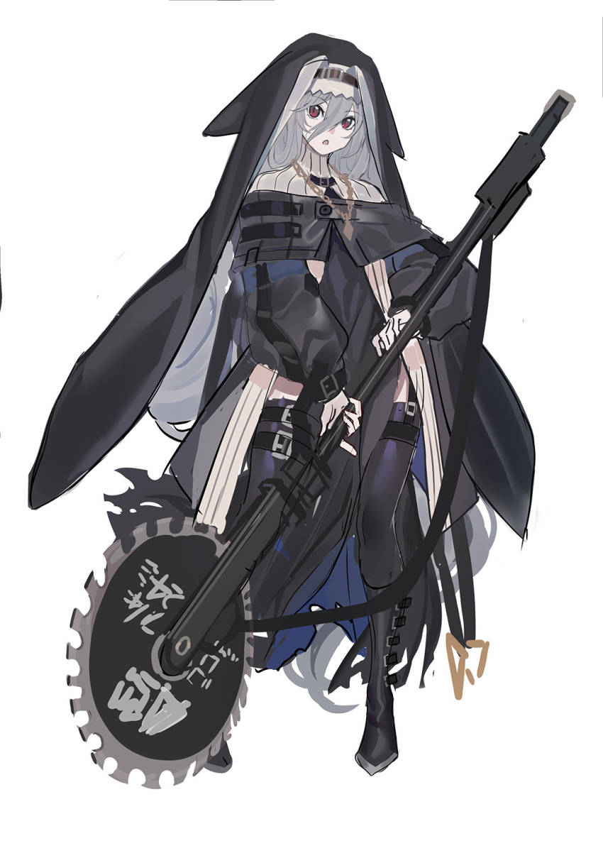 1girl arknights black_cloak black_dress black_footwear black_jacket black_legwear boots chain_necklace chainsaw circular_saw cloak commentary dress echj eyebrows_visible_through_hair full_body garter_straps habit hair_between_eyes highres jacket jewelry knee_boots long_hair looking_at_viewer necklace nun off-shoulder_jacket open_mouth pelvic_curtain red_eyes silver_hair simple_background solo specter_(arknights) standing thigh-highs thigh_strap veil white_background zettai_ryouiki
