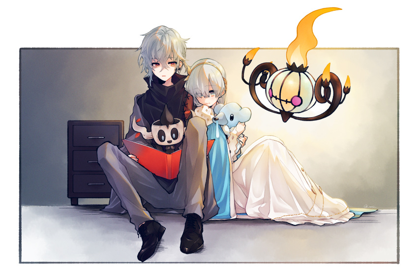 1boy 1girl anastasia_(fate/grand_order) book cape chandelure cubchoo drawer dress fate/grand_order fate_(series) fire gen_5_pokemon gen_6_pokemon hairband highres holding holding_pokemon kadoc_zemlupus long_dress phantump pokemon pokemon_(creature) reading silver_hair sino-26 sitting snot