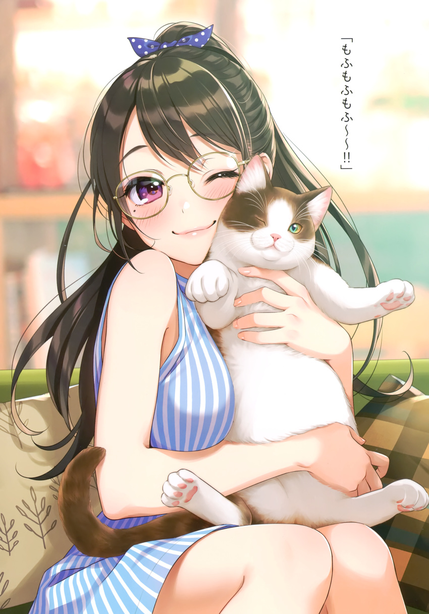 1girl ;) absurdres animal bangs bare_arms bare_shoulders blue_dress blue_ribbon blurry blurry_background blush cat closed_mouth couch dated depth_of_field dress glasses hair_ribbon high_ponytail highres hug long_hair looking_at_viewer mole mole_under_eye morikura_en on_couch one_eye_closed original pillow polka_dot_ribbon ribbon round_eyewear scan signature sitting sleeveless sleeveless_dress smile solo striped vertical-striped_dress vertical_stripes yellow-framed_eyewear