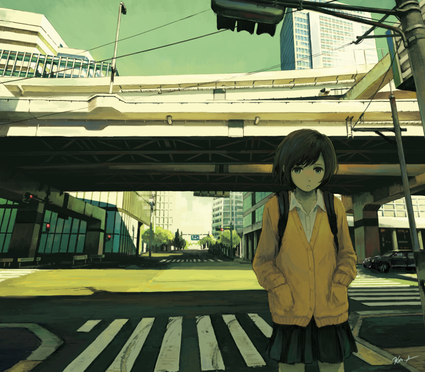 1girl backpack bag black_hair cardigan cityscape commentary day hands_in_pockets intersection kensight328 original outdoors scenery short_hair solo