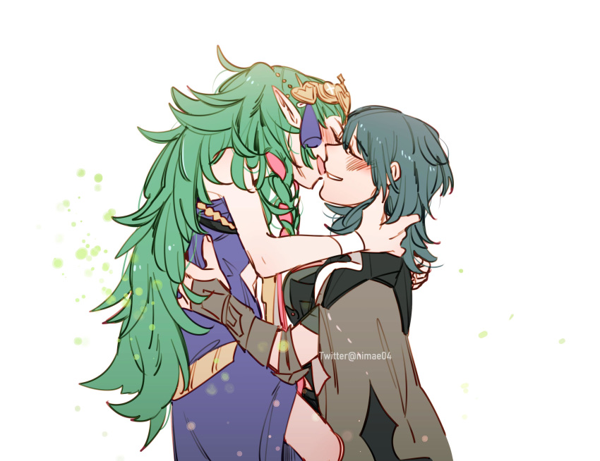 2girls armor black_cape braid byleth_(fire_emblem) byleth_eisner_(female) cape closed_eyes fire_emblem fire_emblem:_three_houses floating from_side hair_ornament hair_ribbon highres kiss long_hair md5_mismatch medium_hair multiple_girls nimae04 open_mouth pointy_ears ribbon ribbon_braid smile sothis_(fire_emblem) sparkle tiara upper_body white_background yuri