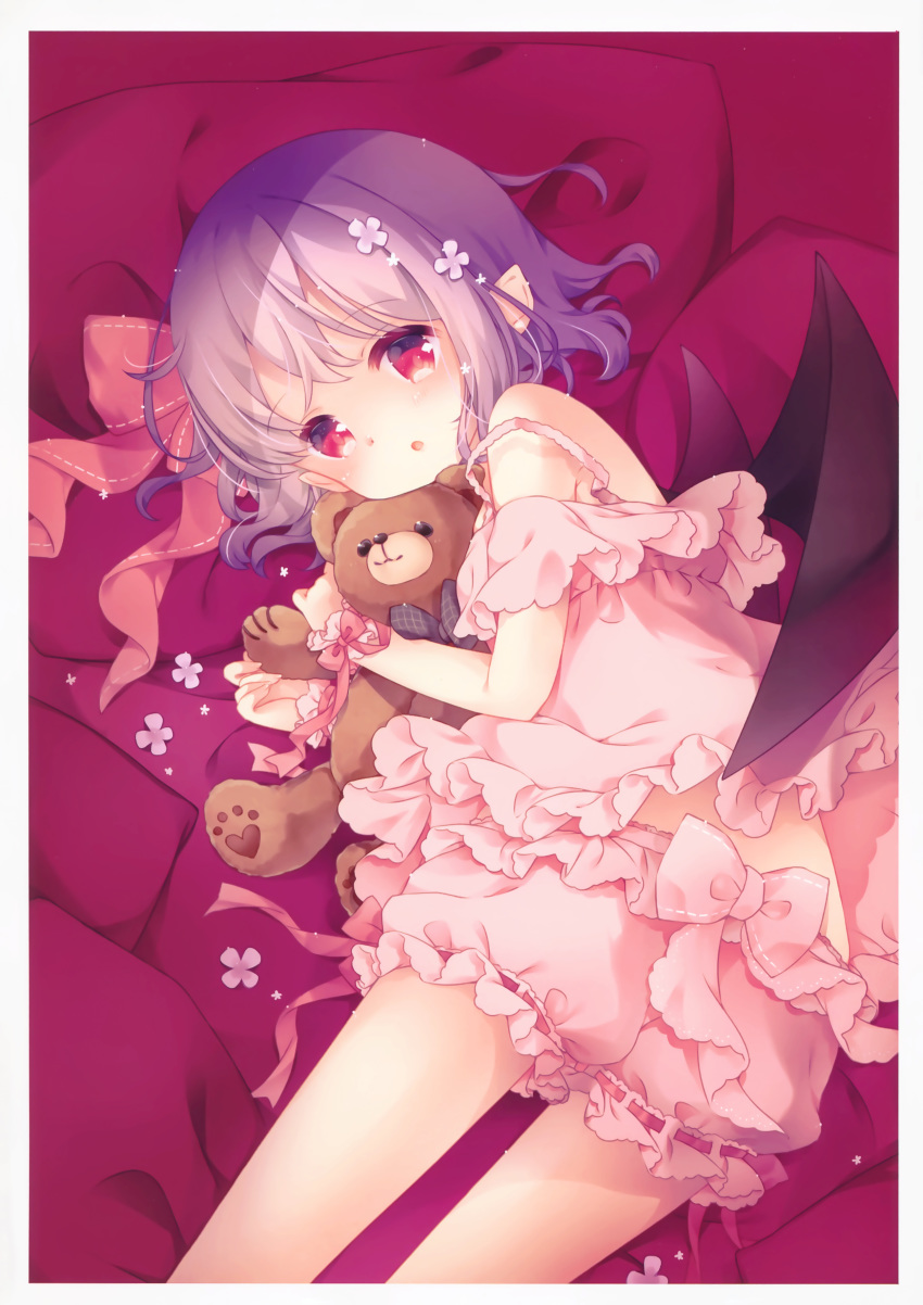 1girl :o absurdres aogiri_sei bangs bare_shoulders bat_wings bloomers blush cowboy_shot eyebrows_visible_through_hair hair_ribbon highres holding holding_stuffed_animal lavender_hair looking_at_viewer lying no_hat no_headwear off-shoulder_shirt off_shoulder parted_lips pink_bloomers pink_ribbon pink_shirt pointy_ears red_eyes remilia_scarlet ribbon scan shirt short_hair solo stuffed_animal stuffed_toy teddy_bear thighs touhou underwear wings wrist_cuffs