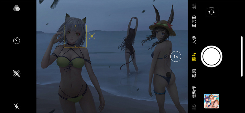 3girls amiya_(arknights) animal_ears arknights arms_up ass bangs bare_arms bare_shoulders beach bikini black_bikini black_swimsuit blue_eyes blue_shorts brown_hair cat_ears cat_tail ch'en_(arknights) commentary cowboy_shot ears_through_headwear eyebrows_visible_through_hair feet_out_of_frame flip-flops flower from_behind goggles goggles_on_headwear green_bikini green_eyes hand_up hat hat_flower jay_xu kal'tsit_(arknights) long_hair looking_at_viewer looking_back multi-strapped_panties multiple_girls navel night night_sky ocean one-piece_swimsuit ore_lesion_(arknights) phone_screen rabbit_ears red_flower rock sandals short_hair short_shorts shorts silver_hair sky skyfire_(arknights) smile soaking_feet standing stomach stretch sun_hat swimsuit swire_(arknights) tail thighlet thighs translation_request water