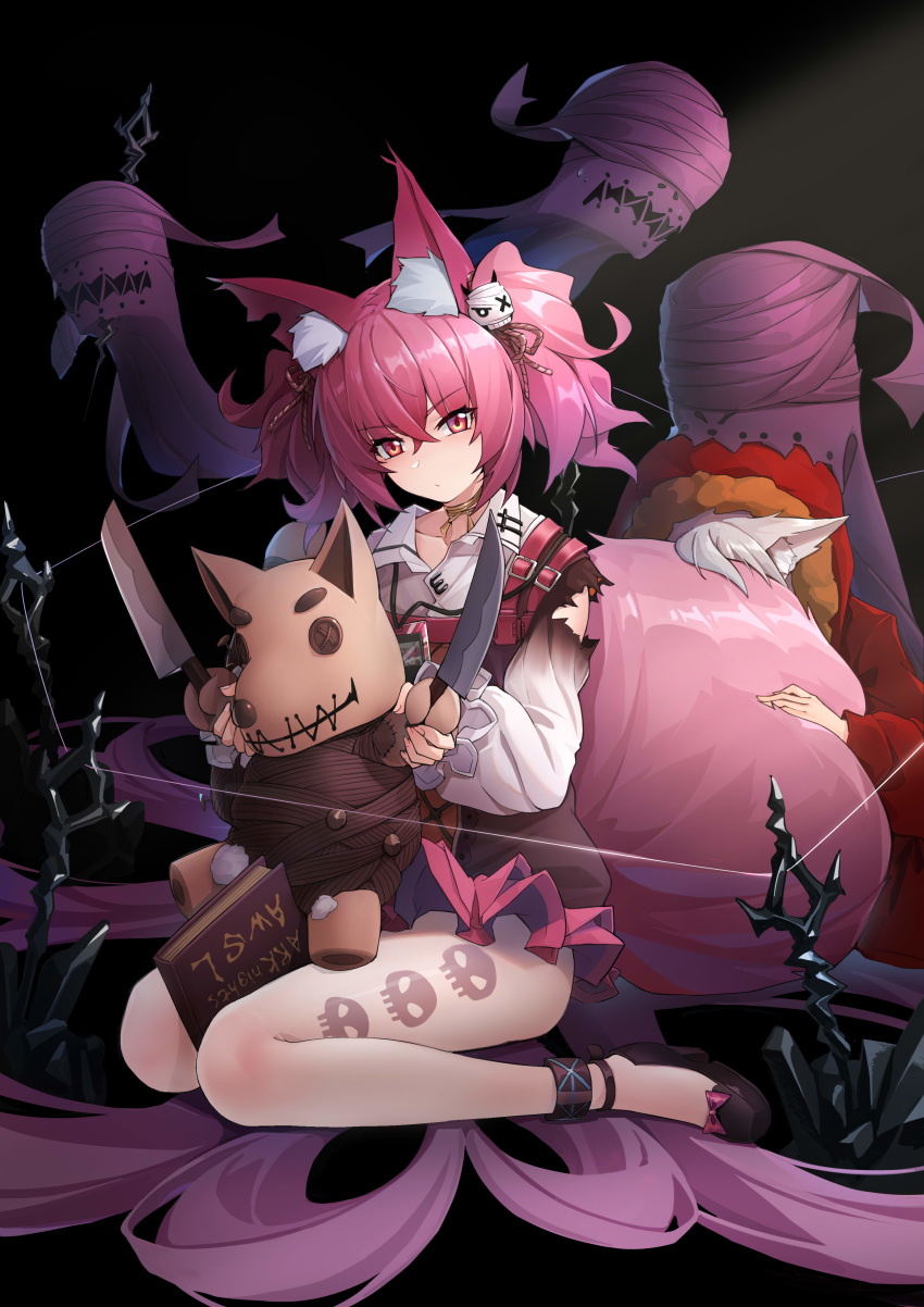 2girls absurdres animal_ear_fluff animal_ears arknights bangs bare_legs black_background black_footwear book choker commentary eyebrows_visible_through_hair fox_ears fox_tail fur-trimmed_jacket fur_trim hair_between_eyes hair_ornament highres hood hooded_jacket hug iku!_iku!! jacket knife large_tail long_sleeves looking_at_viewer multiple_girls pink_hair projekt_red_(arknights) red_eyes red_jacket shamare_(arknights) shirt shoes short_hair silver_hair simple_background sitting stuffed_animal stuffed_toy tail tail_hug thighs twintails wariza white_shirt wolf_ears