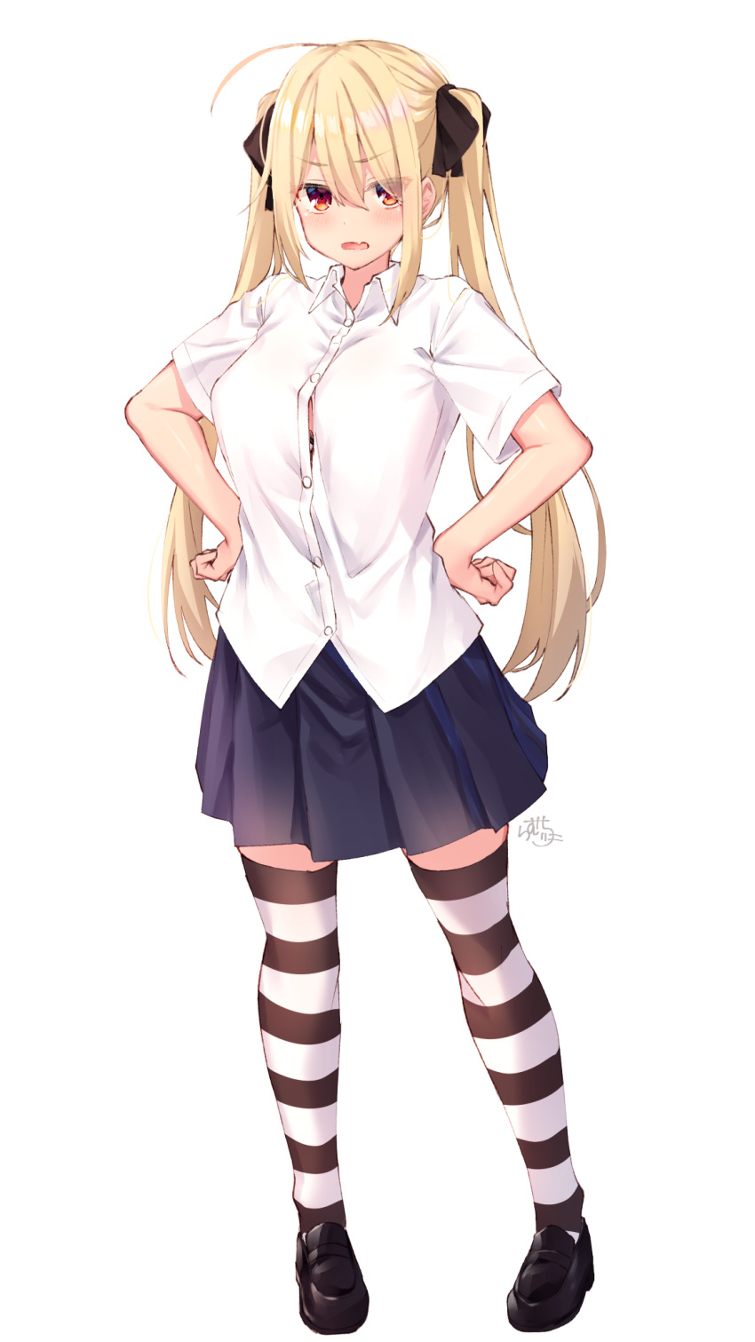 1girl ahoge black_footwear black_legwear black_ribbon black_skirt blonde_hair breasts commentary_request eyebrows_visible_through_hair hair_ribbon highres large_breasts long_hair looking_at_viewer original ramchi ribbon shirt shoes short_sleeves signature simple_background skirt solo standing striped striped_legwear thigh-highs two-tone_legwear two_side_up uniform white_background white_legwear white_shirt