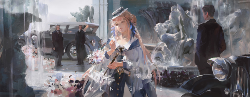 1girl 3boys arknights bangs black_hair black_ribbon blue_dress blue_ribbon bodyguard bouquet breasts cameo car ceylon_(arknights) day double_bun dress flower formal fountain ground_vehicle hair_ribbon hat hat_ribbon head_tilt hexagram highres holding long_hair looking_away looking_to_the_side motor_vehicle multiple_boys neck_ribbon outdoors parted_lips pink_flower pink_hair ribbon see-through shawl sidelocks solo_focus standing star star_of_david statue suit two-tone_dress water white_dress white_headwear xiye
