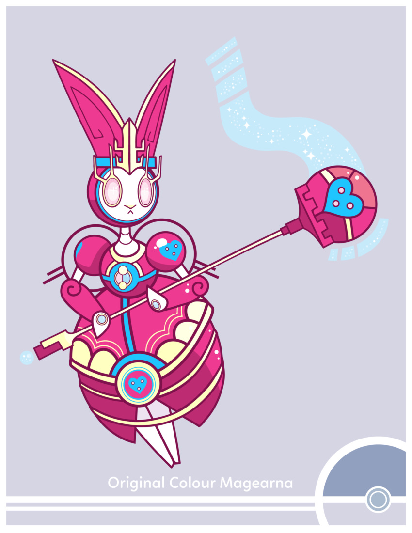 bunny_focus character_name commentary cosmopoliturtle creature english_commentary frown gen_7_pokemon grey_background highres holding holding_scepter magearna magearna_(original) mythical_pokemon no_humans pink_eyes pokemon pokemon_(creature) rabbit scepter simple_background solo