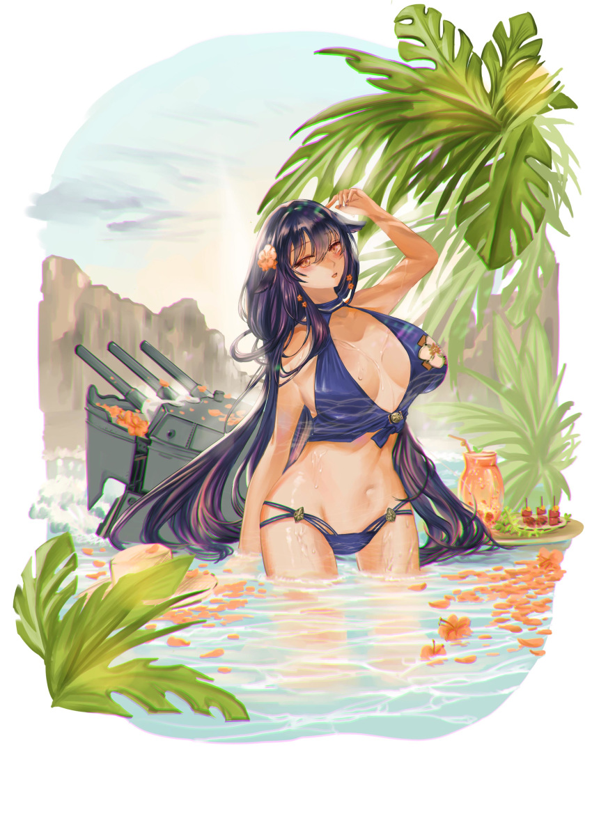 1girl absurdres aki azuma_(azur_lane) azur_lane black_hair blue_swimsuit breasts flower hair_flower hair_ornament hat highres large_breasts long_hair palm_tree solo swimsuit tree turret very_long_hair water yellow_eyes