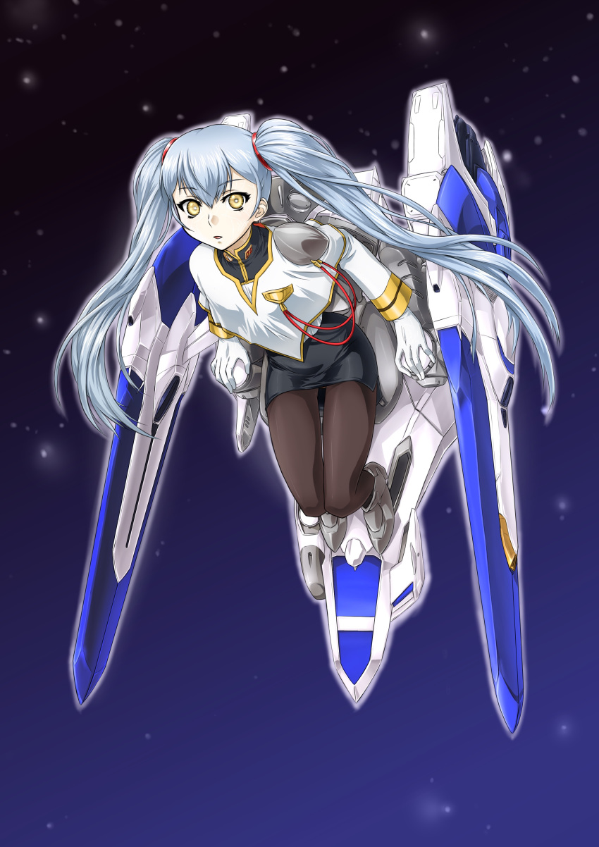 absurdres akito_(sub707) black_skirt floating_hair highres hoshino_ruri kidou_senkan_nadesico kidou_senkan_nadesico_-_prince_of_darkness leggings open_mouth pencil_skirt skirt space star twintails uniform white_hair yellow_eyes