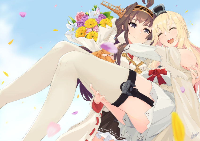 2girls ahoge alakoala anniversary bangs blonde_hair blush braid brown_hair carrying crown detached_sleeves double_bun dress eyebrows_visible_through_hair flower french_braid garter_straps hairband headgear highres hug japanese_clothes kantai_collection kongou_(kantai_collection) long_hair long_sleeves mini_crown multiple_girls off-shoulder_dress off_shoulder princess_carry red_flower red_rose ribbon-trimmed_sleeves ribbon_trim rose thigh-highs warspite_(kantai_collection) wide_sleeves