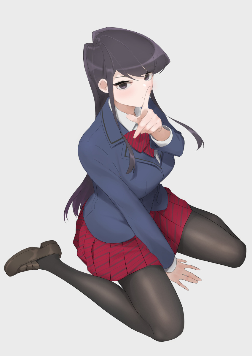 1girl absurdres arm_support bangs between_legs black_eyes black_hair black_legwear blazer blue_jacket bow bowtie breasts brown_footwear closed_mouth collared_shirt commentary_request finger_to_mouth full_body grey_background hand_between_legs hand_up highres jacket komi-san_wa_komyushou_desu komi_shouko long_hair long_sleeves looking_at_viewer medium_breasts necktie pantyhose pleated_skirt red_bow red_bowtie red_skirt school_uniform shirt shoes simple_background skirt solo straight_hair striped striped_necktie striped_skirt takita_(takita3411) white_shirt