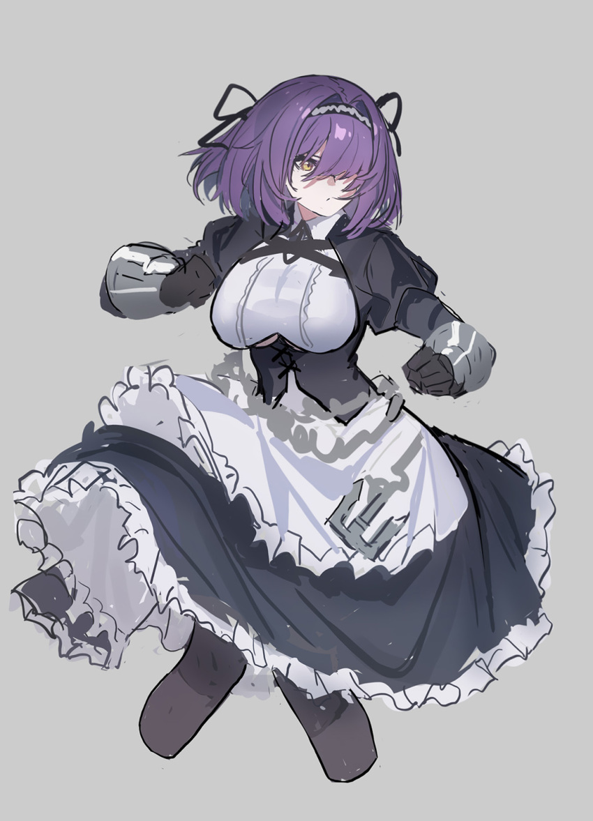 1girl apron azur_lane black_gloves black_legwear bow breasts echj eyes_visible_through_hair fighting_stance gauntlets gloucester_(azur_lane) gloves grey_background hair_between_eyes hair_bow hairband highres large_breasts looking_away maid maid_apron maid_dress necktie pantyhose purple_hair serious short_hair solo thigh-highs yellow_eyes