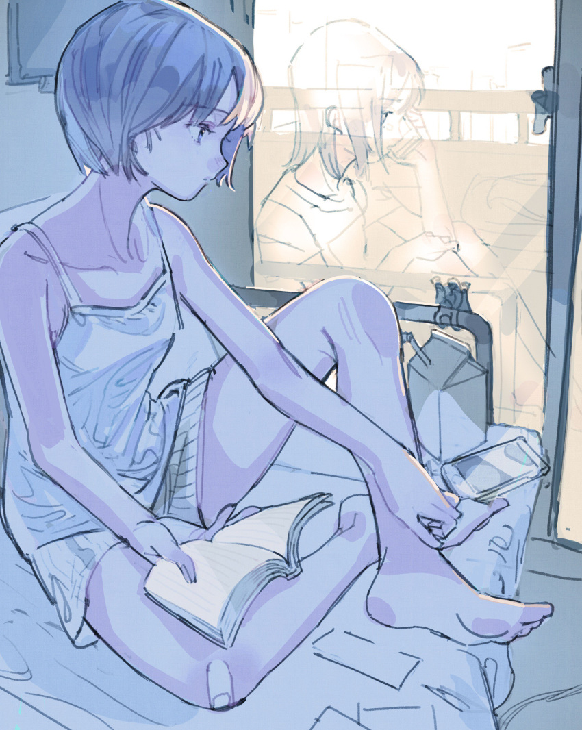 absurdres aspara bandaid bangs barefoot book camisole cellphone collarbone eyebrows_visible_through_hair hand_on_own_leg highres holding holding_book original phone reflection short_hair shorts sitting smartphone