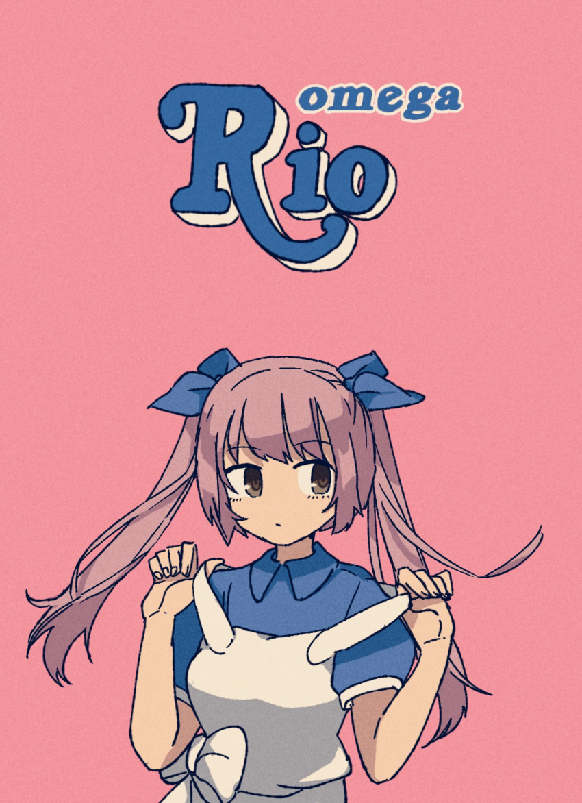 1girl apron bangs blue_bow blue_dress bow character_name collared_dress dress grey_eyes hair_bow hands_up highres long_hair omega_rio omega_sisters pink_background pink_hair short_sleeves simple_background smr_omg solo twintails upper_body