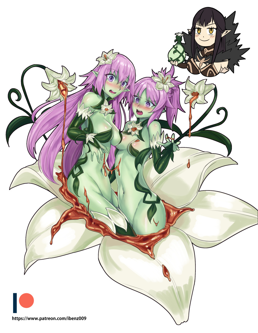 3girls absurdly_long_hair absurdres alraune black_dress black_hair braid bridal_gauntlets dress fate/apocrypha fate_(series) french_braid fur_trim green_skin highres ibenz009 jeanne_d'arc_(fate) jeanne_d'arc_(fate)_(all) liliraune_(monster_girl_encyclopedia) long_hair monster_girl monster_girl_encyclopedia monsterification mordred_(fate) mordred_(fate)_(all) multiple_girls nectar patreon_logo patreon_username plant_girl pointy_ears ponytail purple_hair semiramis_(fate) spikes very_long_hair violet_eyes watermark web_address yellow_eyes