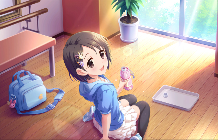 1girl bag bench black_hair black_legwear blue_hoodie bottle brown_eyes eyebrows_visible_through_hair flower frilled_skirt frills hair_flower hair_ornament hood hoodie idolmaster idolmaster_cinderella_girls indoors leaning_back lens_flare looking_at_viewer looking_to_the_side looking_up miniskirt official_art open_mouth plant potted_plant sasaki_chie seiza shoes short_hair short_sleeves sitting sitting_on_floor skirt smile sunlight thigh-highs thighs tree water_bottle white_skirt window wooden_floor