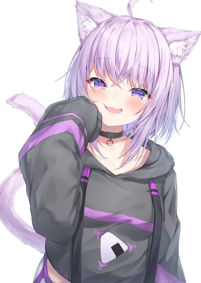1girl :3 ahoge animal_ear_fluff animal_ears black_choker black_hoodie blush breasts cat_ears cat_tail cheek_squash choker commentary cowboy_shot eyebrows_visible_through_hair fang hair_between_eyes hand_on_own_cheek hand_on_own_face highres hololive lavender_hair looking_at_viewer medium_breasts medium_hair midriff nekomata_okayu onigiri_print open_mouth pants sleeves_past_fingers sleeves_past_wrists smile solo tail topia violet_eyes virtual_youtuber white_pants