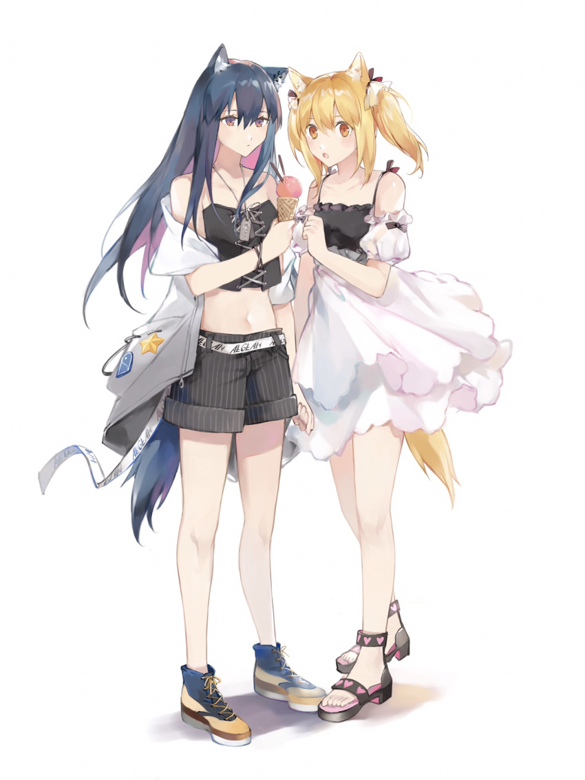 2girls :o alternate_costume animal_ears arknights bangs bare_legs bare_shoulders belt black_footwear black_hair black_shorts blonde_hair brown_eyes camisole chinese_commentary commentary_request crop_top cross-laced_clothes detached_sleeves dog_tags food full_body hair_between_eyes highres holding holding_food ice_cream jacket lizi_(st3648) long_hair looking_at_viewer midriff multicolored_hair multiple_girls navel off_shoulder open_clothes open_jacket open_mouth pink_hair pocky puffy_short_sleeves puffy_sleeves sandals shoes short_hair short_sleeves shorts sidelocks simple_background skirt sneakers sora_(arknights) spaghetti_strap standing stomach strapless tail texas_(arknights) thighs tubetop twintails white_background white_belt white_jacket white_skirt wolf_ears wolf_tail