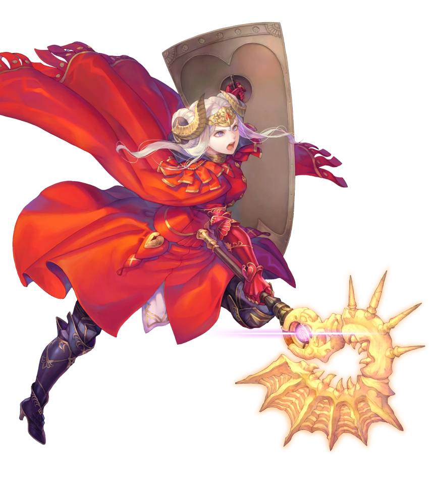 1girl armor armored_boots axe aymr_(weapon) boots cape double_bun edelgard_von_hresvelg fire_emblem fire_emblem:_three_houses fire_emblem_heroes full_body gloves haccan highres horns long_hair official_art open_mouth shield solo teeth transparent_background violet_eyes white_hair