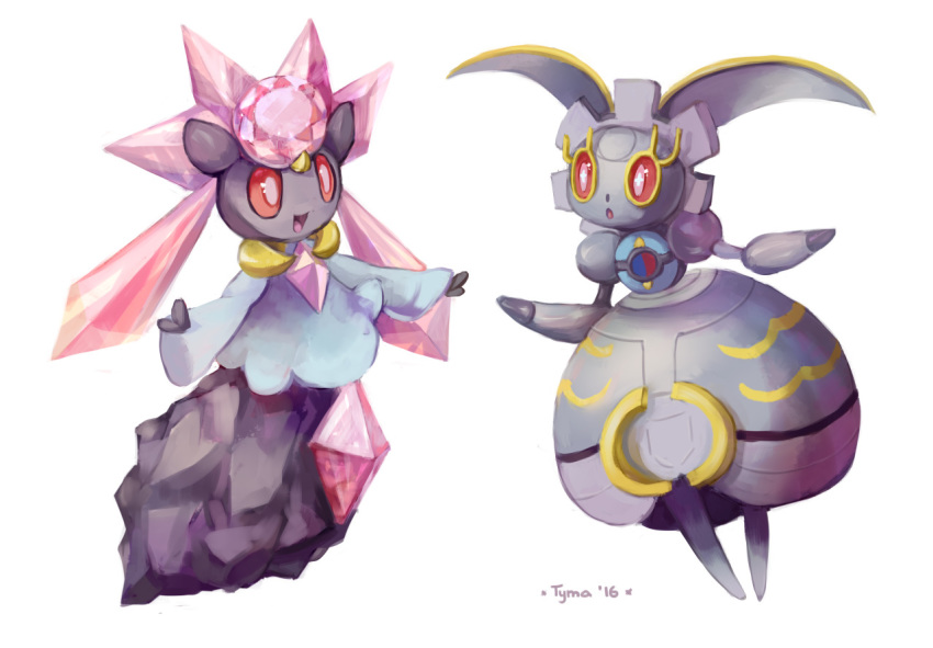 :d :o commentary creature diancie english_commentary eye_contact full_body gen_6_pokemon gen_7_pokemon happy looking_at_another magearna magearna_(normal) mythical_pokemon no_humans open_mouth pokemon pokemon_(creature) red_eyes signature simple_background smile tyma_(mtymas) white_background