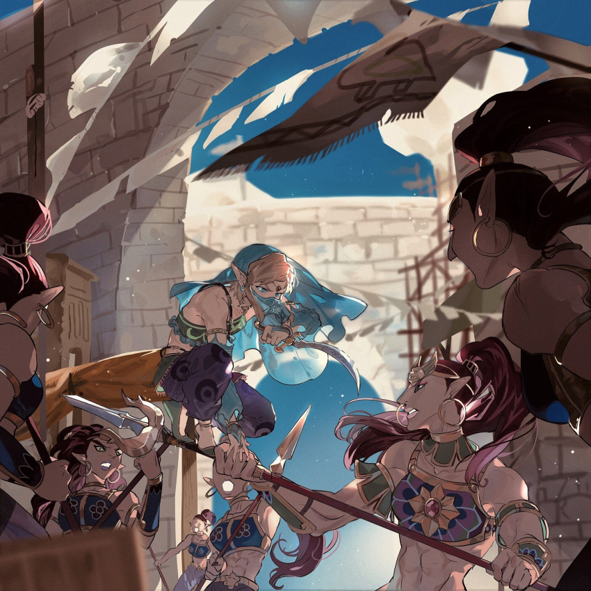 1boy 6+girls abs bridal_gauntlets dagger detached_sleeves earrings fighting gerudo gerudo_link gyou_chin highres hoop_earrings jewelry link looking_at_another multiple_girls pointy_ears polearm spear the_legend_of_zelda the_legend_of_zelda:_breath_of_the_wild trident veil weapon