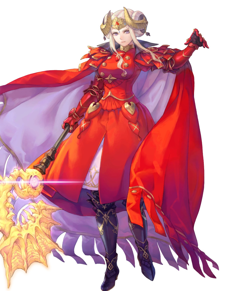 1girl armor armored_boots axe aymr_(weapon) boots cape double_bun edelgard_von_hresvelg fire_emblem fire_emblem:_three_houses fire_emblem_heroes full_body gloves haccan highres horns long_hair official_art solo transparent_background violet_eyes white_hair
