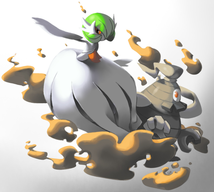 commentary creature dusclops english_commentary full_body gardevoir gen_3_pokemon looking_at_viewer no_humans pinkgermy pokemon pokemon_(creature) simple_background white_background