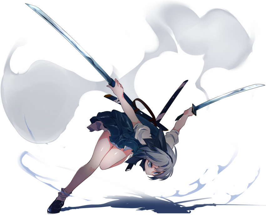 1girl bangs bare_legs black_hairband black_ribbon commentary_request dual_wielding full_body green_vest grey_eyes hair_ribbon hairband highres holding ikurauni katana konpaku_youmu ribbon scabbard sheath shirt short_hair short_sleeves silver_hair socks solo sword touhou unsheathed vest weapon white_background white_legwear white_shirt