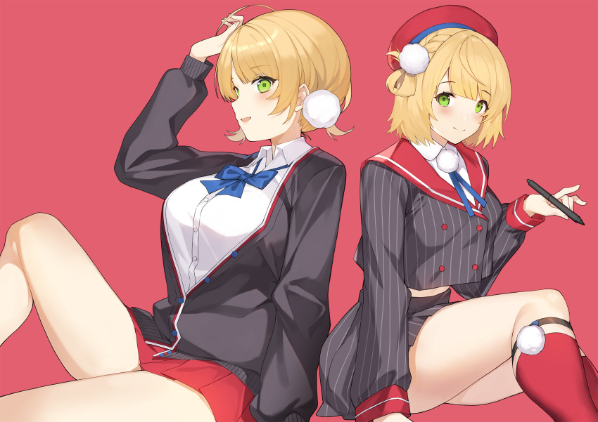 2girls :d blonde_hair breasts dual_persona green_eyes hair_ornament hat highres jacket knee_up leg_strap long_sleeves multiple_girls open_clothes open_jacket open_mouth red_background shigure_ui_(channel) shigure_ui_(vtuber) sitting skirt smile stylus virtual_youtuber yykuaixian