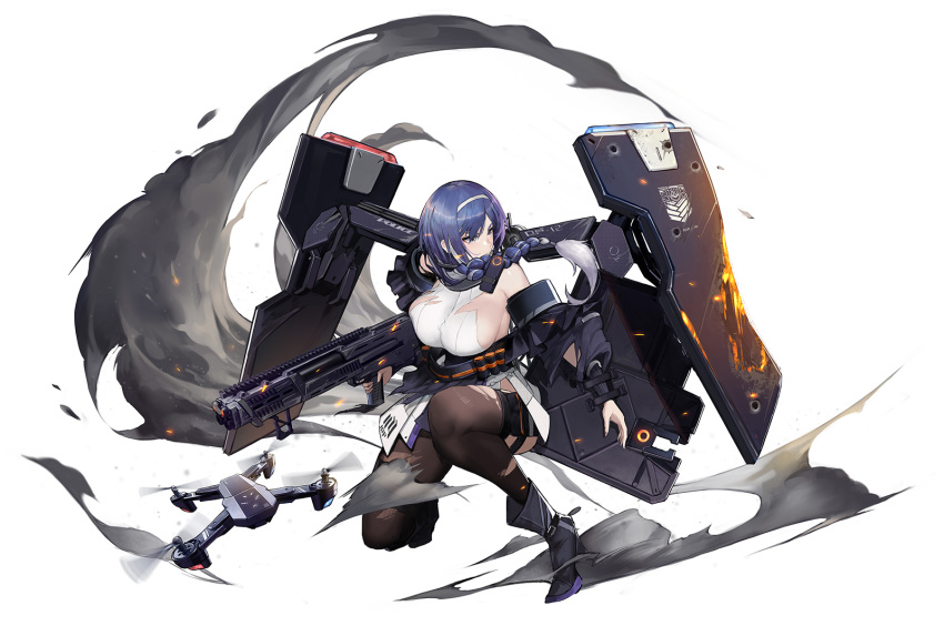 1girl ankle_boots black_footwear boots braid breasts brown_legwear drone girls_frontline gun hair_over_mouth hairband high_heel_boots high_heels highres holding holding_gun holding_weapon large_breasts long_hair pandea_work pantyhose purple_hair rifle shield shirt simple_background smile solo torn_clothes torn_legwear violet_eyes weapon white_background white_shirt