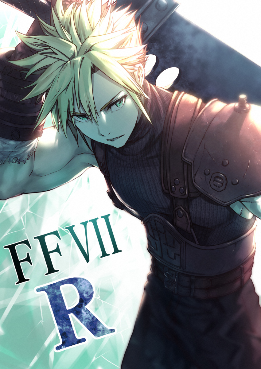 1boy absurdres blonde_hair cloud_strife commentary_request copyright_name final_fantasy final_fantasy_vii final_fantasy_vii_remake green_eyes hand_up highres holding holding_sword holding_weapon huge_filesize male_focus nakanishi_tatsuya short_hair solo sword weapon
