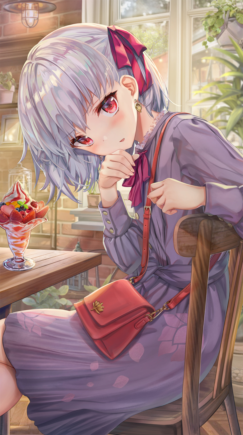 1girl bag bangs blueberry blush breasts chair contemporary dress earrings fate/grand_order fate_(series) floral_print food fruit hair_ribbon head_tilt highres ice_cream jewelry kama_(fate/grand_order) long_sleeves looking_at_viewer mint neck_ribbon open_mouth parted_lips pink_ribbon plant potted_plant purple_dress raspberry ribbon shelf short_hair shoulder_bag silver_hair sitting small_breasts solo strawberry sundae table torino_akua whipped_cream window