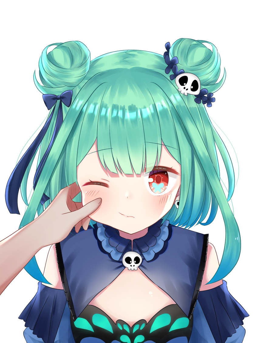 1girl absurdres bangs blue_bow blue_dress blue_flower blue_sleeves blush bow cheek_pinching closed_mouth commentary_request detached_sleeves double_bun dress earrings eyebrows_visible_through_hair flat_chest flower green_hair hair_bow hair_flower hair_ornament highres hololive jewelry looking_at_viewer marumaruru one_eye_closed out_of_frame pinching pov puffy_sleeves red_eyes simple_background skull_earrings skull_hair_ornament sleeveless sleeveless_dress solo_focus upper_body uruha_rushia virtual_youtuber white_background