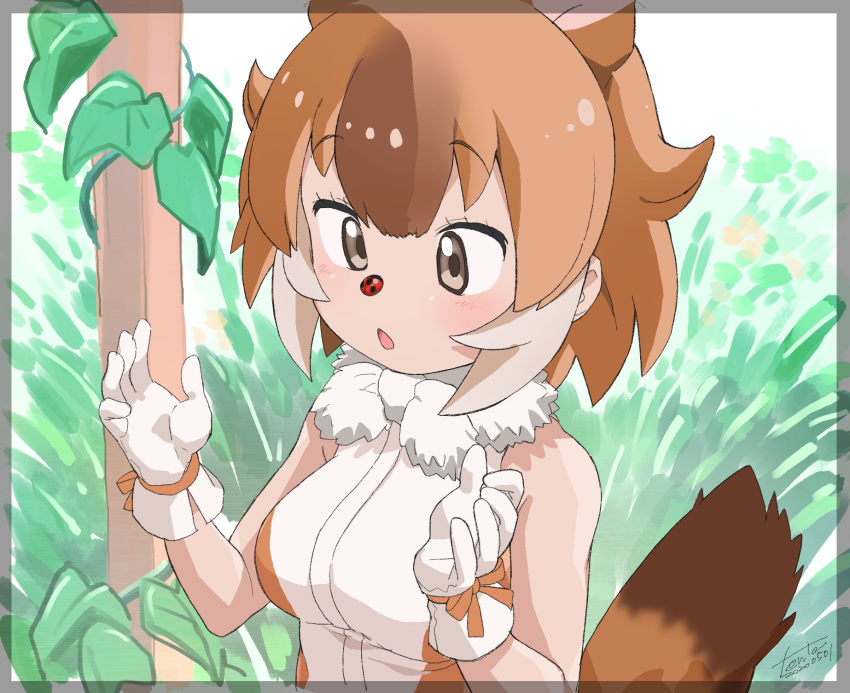 1girl animal_ears bare_shoulders blush brown_hair brown_shirt bug commentary cross-eyed dhole_(kemono_friends) dog_ears dog_girl dog_tail extra_ears eyebrows_visible_through_hair fanta_(the_banana_pistols) gloves grass hair_between_eyes highres insect kemono_friends ladybug leaf light_brown_hair multicolored_hair plant shirt sleeveless solo symbol_commentary tail two-tone_shirt vines white_gloves white_hair