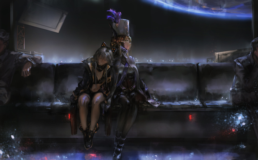 2girls absurdres bianca_(punishing_grey_raven) black_footwear black_legwear blonde_hair couch hat hat_feather highres indoors jacket looking_to_the_side mechanical_ears multiple_girls open_clothes open_jacket punishing:_gray_raven sitting sleeping song_ren tagme