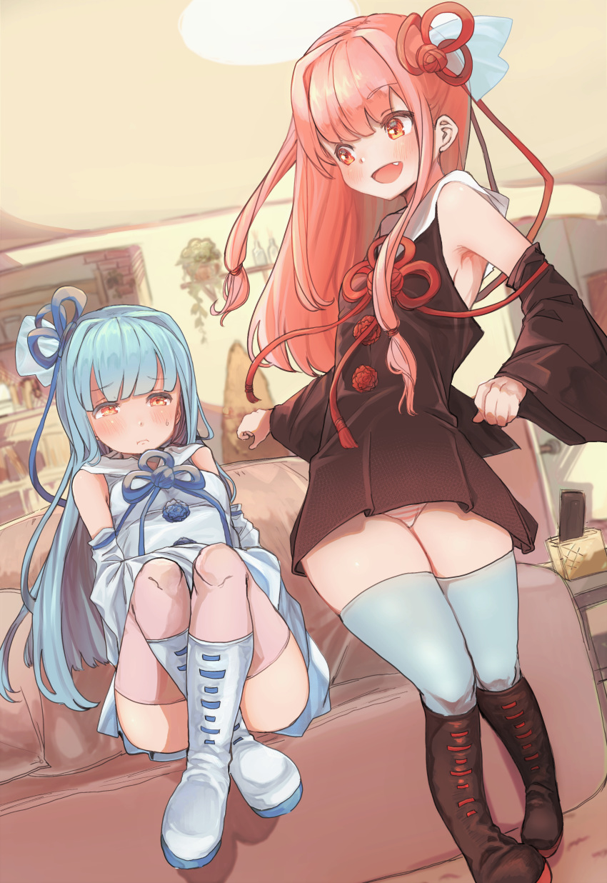 2girls absurdres bangs blue_hair blue_legwear blue_ribbon blunt_bangs blush boots brown_dress brown_eyes brown_footwear brown_legwear closed_mouth commentary_request couch crossed_legs detached_sleeves dress dutch_angle fang hair_intakes hair_ribbon highres indoors kotonoha_akane kotonoha_aoi long_hair long_sleeves multiple_girls open_mouth panties pantyshot red_ribbon redhead ribbon sidelocks sitting siwasunohige standing striped striped_panties sweat thigh-highs underwear voiceroid white_dress wide_sleeves