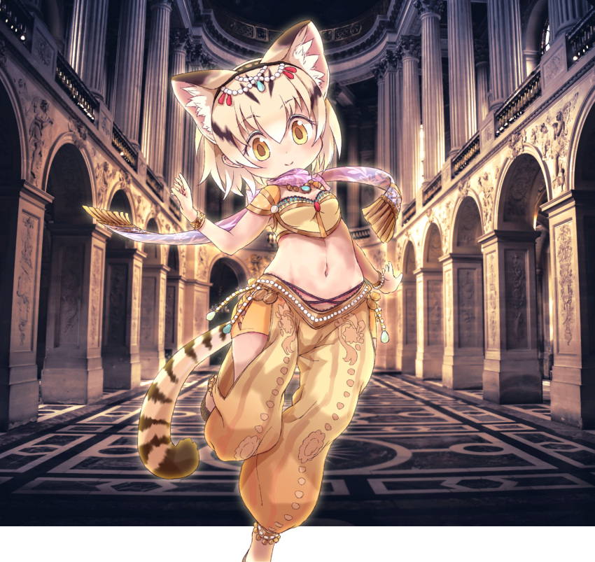 1girl alternate_costume animal_ears arabian_clothes baggy_clothes belly_dancing blonde_hair blush bracelet brown_hair cat_ears cat_tail commentary_request crop_top extra_ears eyebrows_visible_through_hair head_chain highres jewelry kemono_friends kemono_friends_3 kolshica midriff multicolored_hair necklace pants sand_cat_(kemono_friends) scarf see-through short_hair short_sleeves solo tail yellow_eyes yellow_pants