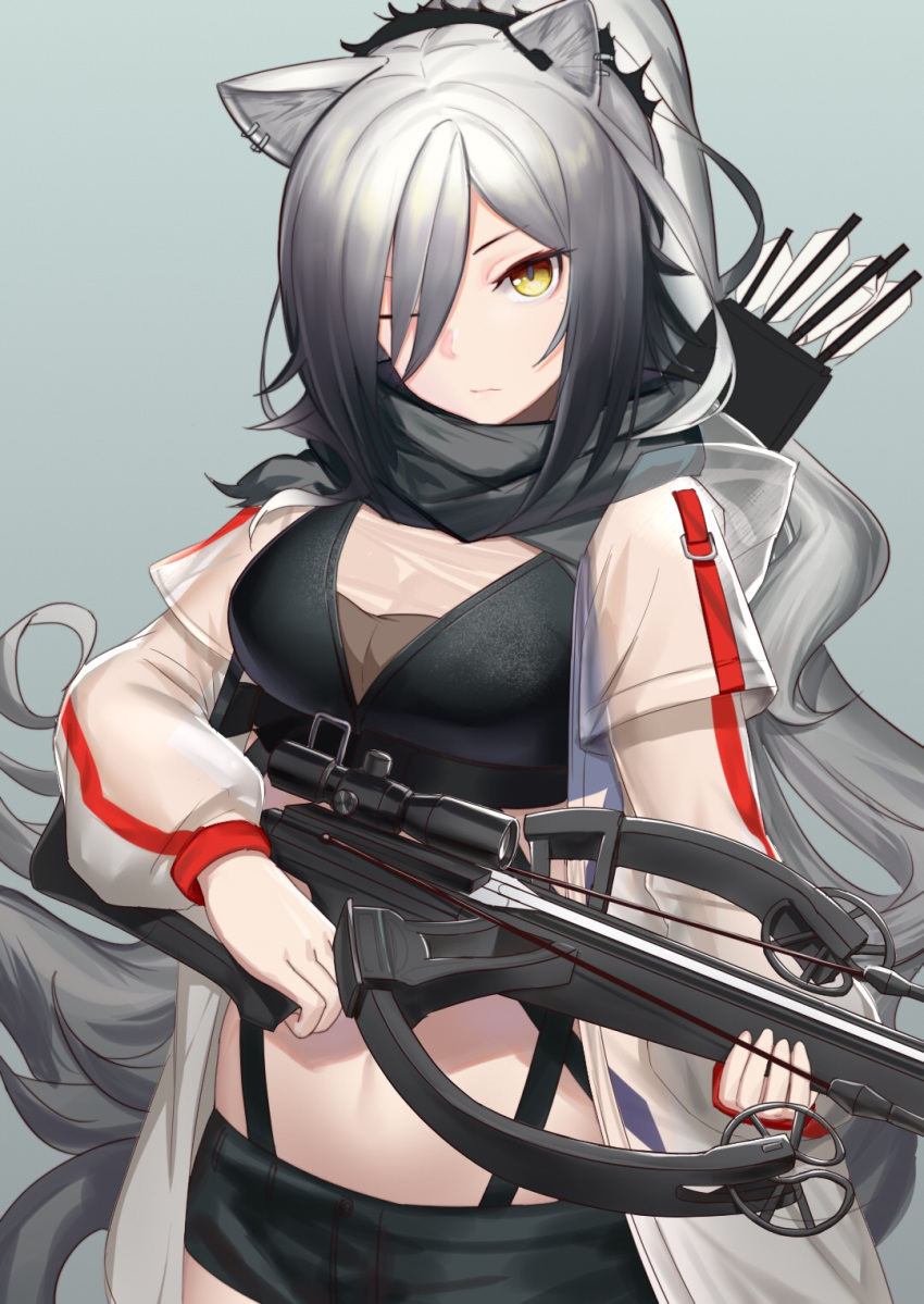 1girl animal_ears arknights arrow bangs black_scarf black_shorts bow_(weapon) breasts cat_ears chinese_commentary commentary_request crop_top crossbow grey_background hair_over_one_eye highres holding holding_bow_(weapon) holding_weapon jacket large_breasts long_hair long_sleeves looking_at_viewer midriff one_eye_closed quiver scarf schwarz_(arknights) short_shorts shorts silver_hair simple_background sndbr solo stomach upper_body very_long_hair weapon white_jacket yellow_eyes