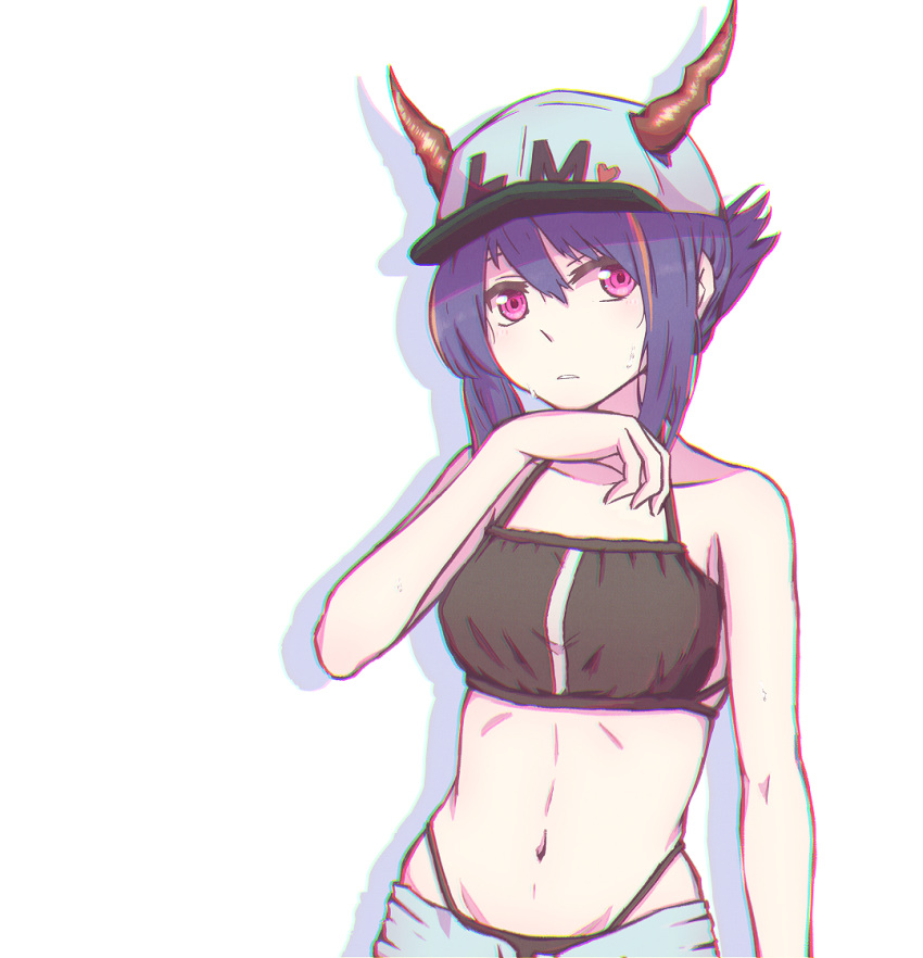 1girl arknights bangs bare_arms bare_shoulders baseball_cap bikini black_bikini blue_hair breasts ch'en_(arknights) chromatic_aberration commentary_request dragon_horns hair_between_eyes hand_up hat heart highleg highleg_bikini horns horns_through_headwear looking_at_viewer navel parted_lips partial_commentary pink_eyes reizouko short_hair sidelocks simple_background small_breasts solo stomach swimsuit upper_body white_background