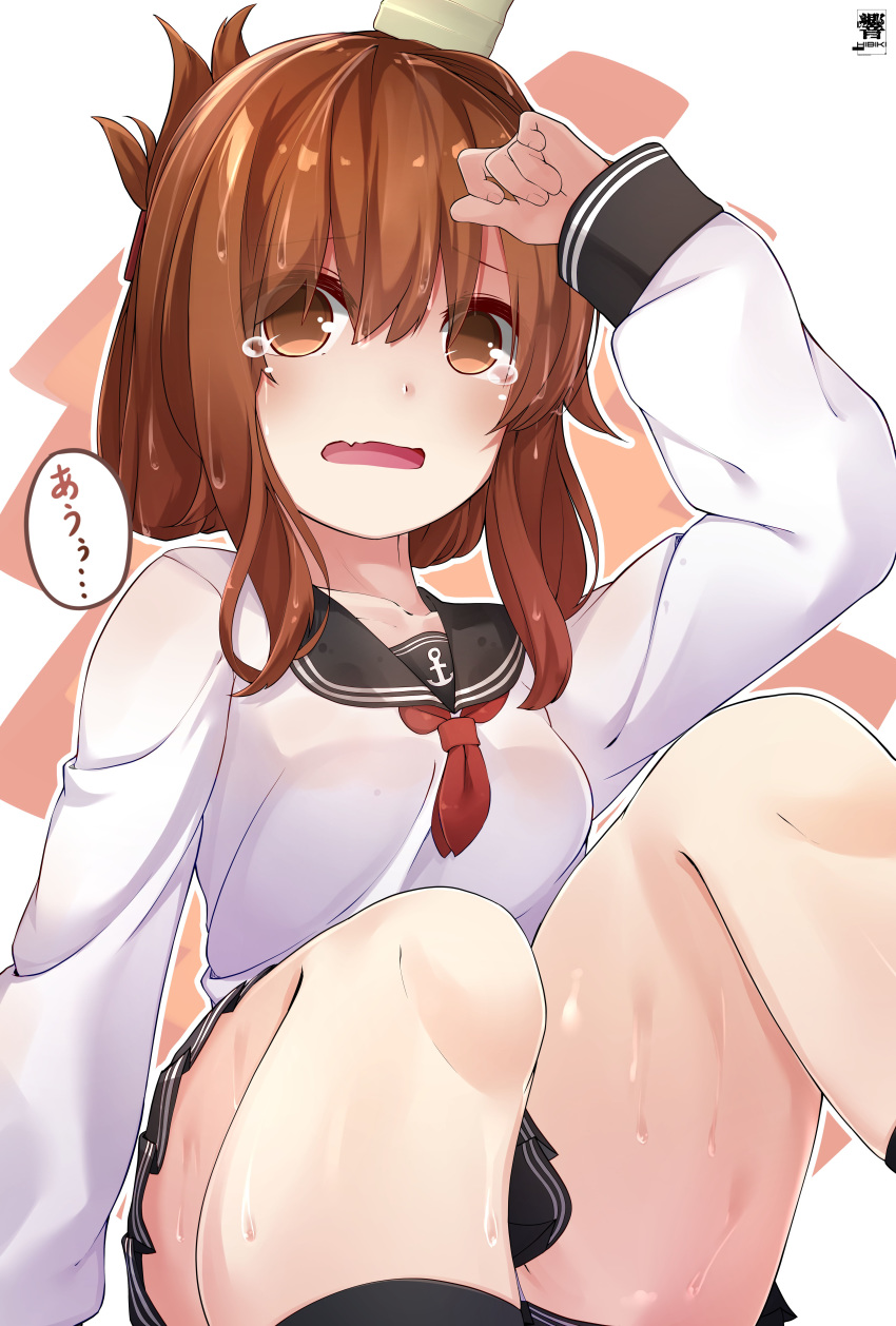 1girl absurdres arm_up artist_name black_legwear black_sailor_collar black_skirt blush breasts brown_background brown_eyes brown_hair commentary cup eyebrows_visible_through_hair folded_ponytail hair_between_eyes hair_ornament hairclip hibiki_zerocodo highres inazuma_(kantai_collection) kantai_collection long_hair long_sleeves looking_at_viewer neckerchief object_on_head open_mouth pleated_skirt red_neckwear sailor_collar school_uniform see-through serafuku shirt sitting skirt small_breasts solo teacup thigh-highs translated two-tone_background wet wet_clothes white_background white_shirt