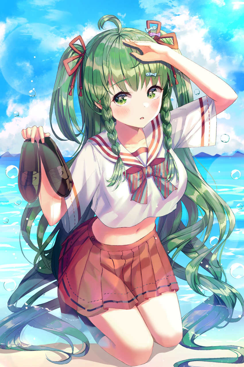 1girl ahoge arm_up beach bow bowtie breasts crop_top crop_top_overhang footwear_removed green_eyes green_hair hair_ribbon hand_up highres holding houchi_shoujo kneeling long_hair looking_at_viewer medium_breasts midriff miniskirt navel parted_lips pleated_skirt red_skirt ribbon ruda_(ruda_e) sailor_collar school_uniform serafuku shirt short_sleeves skirt socks solo two_side_up very_long_hair water white_shirt