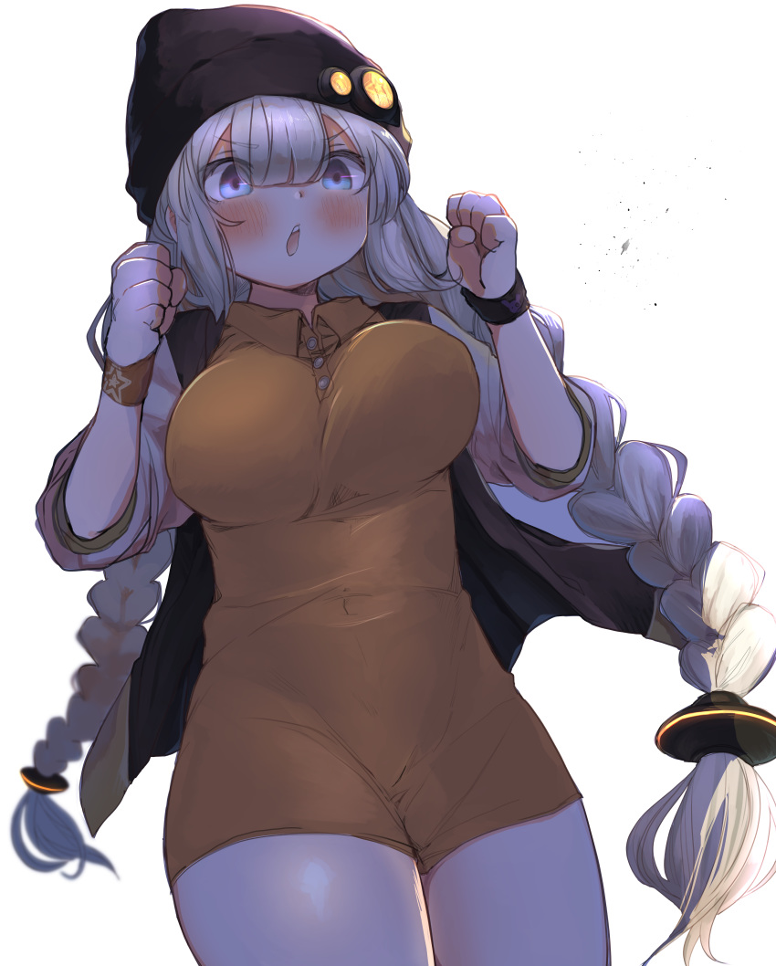 1girl absurdres bangs beanie black_headwear blue_eyes blush braid breasts clenched_hands commentary_request covered_navel cowboy_shot eyebrows_visible_through_hair hat highres kizuna_akari large_breasts long_hair open_mouth silver_hair siwasunohige solo translation_request twin_braids unaligned_breasts voiceroid white_background wristband