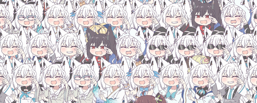 ahoge animal_ear_fluff animal_ears black_hair black_sleeves blonde_hair braid cat_hair_ornament clone collar_tug curled_horns dark_persona dual_persona ear_piercing fox_ears fox_girl fox_shadow_puppet fox_tail glasses hair_ornament highres hololive horns kukie-nyan kurokami_fubuki long_hair multiple_girls multiple_persona natsuiro_matsuri piercing ponytail red_eyes sheep_horns shirakami_fubuki shirogane_noel side_braid tail tsunomaki_watame virtual_youtuber white_hair