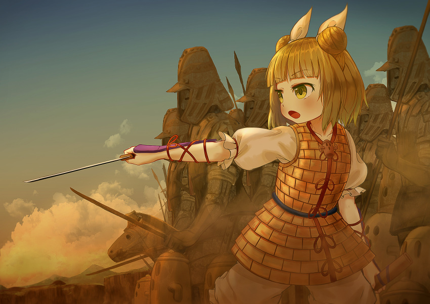 1girl absurdres armor armored_dress army bangs blonde_hair bloomers blunt_bangs cliff clouds commentary double_bun ekaapetto eyebrows_visible_through_hair gradient_sky hair_ribbon haniwa_(statue) highres holding holding_sword holding_weapon horse joutouguu_mayumi light_blush looking_to_the_side mountainous_horizon open_mouth outdoors outstretched_arm puffy_short_sleeves puffy_sleeves ribbon shirt short_hair short_sleeves sky solo standing sword touhou twilight underwear vambraces weapon white_shirt yellow_eyes