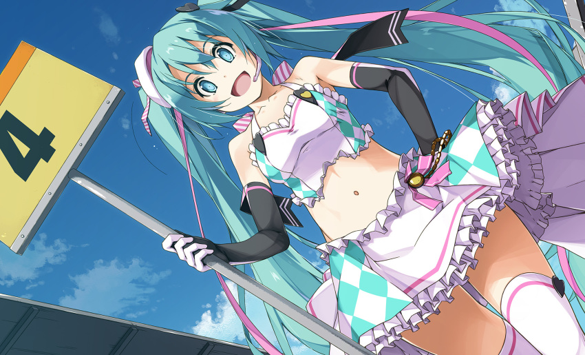 1girl bare_hips earphones elbow_gloves gloves green_eyes green_hair hatsune_miku highres holding holding_sign looking_at_viewer racing_miku shikei sign skirt smile solo thigh-highs twintails vocaloid