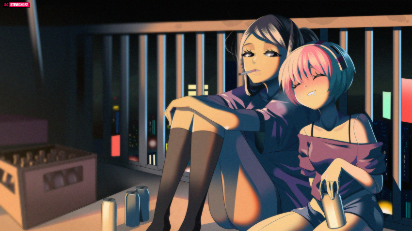 2girls balcony beer_can blush box can cigarette city_lights cityscape closed_eyes commentary dorothy_haze e english_commentary highres jill_stingray multiple_girls night pink_hair purple_hair red_eyes smile smoking socks steve_chopz va-11_hall-a