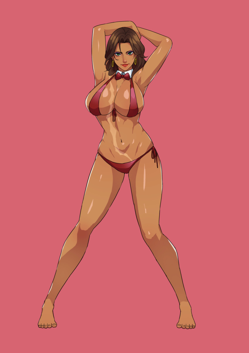 1girl absurdres amida_arca armpits arms_up barefoot bikini bow bowtie breasts brown_hair cirenk commentary commission dark_skin detached_collar earrings english_commentary full_body green_eyes gundam gundam_tekketsu_no_orphans highres hoop_earrings jewelry large_breasts lipstick long_legs makeup medium_hair navel red_background red_bikini scar side-tie_bikini simple_background solo standing swimsuit toes