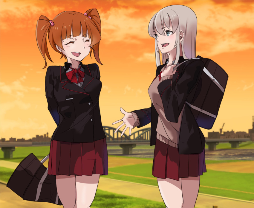 2girls adapted_uniform arms_behind_back bag bangs black_jacket blue_eyes blurry blurry_background bow bowtie bridge brown_hair brown_sweater clouds cloudy_sky commentary day depth_of_field dress_shirt dusk eyebrows_visible_through_hair fusion girls_und_panzer girls_und_panzer_phase_erika grey_shirt hair_bobbles hair_ornament highres holding holding_bag itsumi_erika jacket kuromorimine_military_uniform kuromorimine_school_uniform long_sleeves looking_at_another medium_hair miniskirt multiple_girls object_behind_back open_clothes open_jacket open_mouth orange_sky outdoors over_shoulder pleated_skirt red_neckwear red_skirt river rou_leila school_bag school_uniform shirt silver_hair skirt sky smile standing sweater twintails wani02 winter_uniform